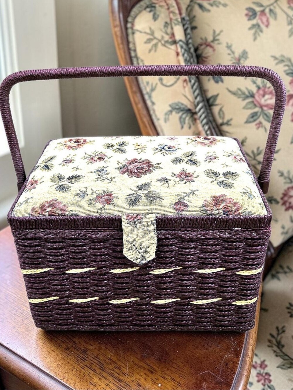 Vintage 80s Woven Wicker Sewing Basket Burgundy, Satin inner Floral Tapestry Lid